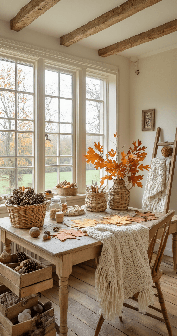 Knutselen met Geld: Slimme DIY-projecten die je Portemonnee Blij Maken Panoramic view of a cozy craft corner in a traditional Dutch home, featuring autumn-themed projects on a farmhouse table, with natural light filtering through a north-facing window and rustic decor elements.
