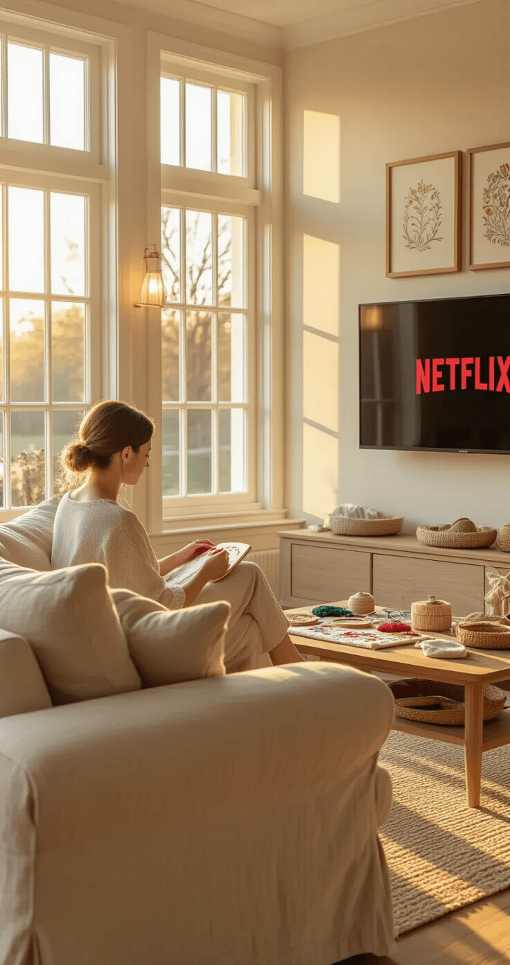 Waarom knutselen voor volwassenen zo verslavend is A cozy Dutch living room during golden hour, featuring a woman embroidering on a beige linen sofa, with warm sunlight streaming through white-framed windows, illuminating the light oak floors and organized embroidery supplies on a coffee table, surrounded by natural wood-framed embroidery pieces on soft cream walls.