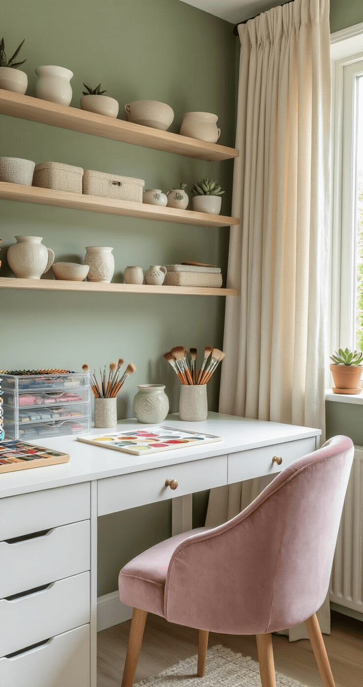 Waarom knutselen voor volwassenen zo verslavend is Intimate Dutch crafting corner featuring a white wooden desk against a sage green wall, bathed in afternoon light, with organized storage solutions, including clear acrylic drawers and ceramic holders for paintbrushes, and completed ceramics on floating shelves, complemented by a dusty pink velvet chair and a small succulent collection.
