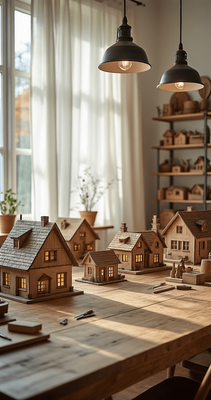 Waarom knutselen voor volwassenen zo verslavend is A spacious Dutch dining room converted into a woodworking hobby space, showcasing a large reclaimed wood table cluttered with intricate miniature wooden house projects, scattered wood pieces, and precision tools. Late morning light filters through sheer white curtains, illuminating the wood grain details and LED-lit dollhouse windows, while industrial pendant lights hang overhead, casting a warm ambiance over the organized yet chaotic scene.