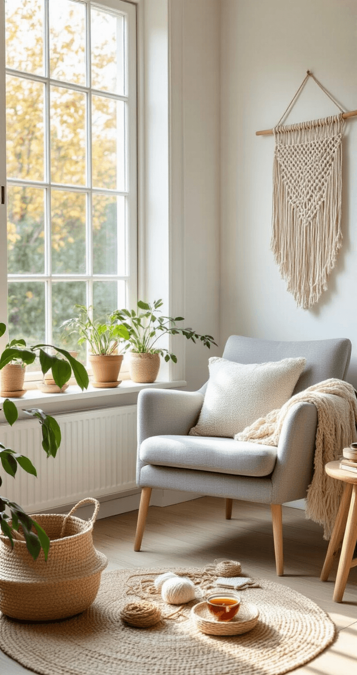 Waarom knutselen voor volwassenen zo verslavend is A cozy Dutch bedroom corner turned textile crafting retreat, featuring a gray reading chair by a large window, illuminated by golden afternoon light. A macrame wall hanging in progress is displayed, with natural hemp and cotton cords in earth tones in a woven basket. A side table holds herbal tea and punch needle supplies, surrounded by soft white walls, light wooden floors, and potted plants, all captured from a low angle to highlight the crafting scene.