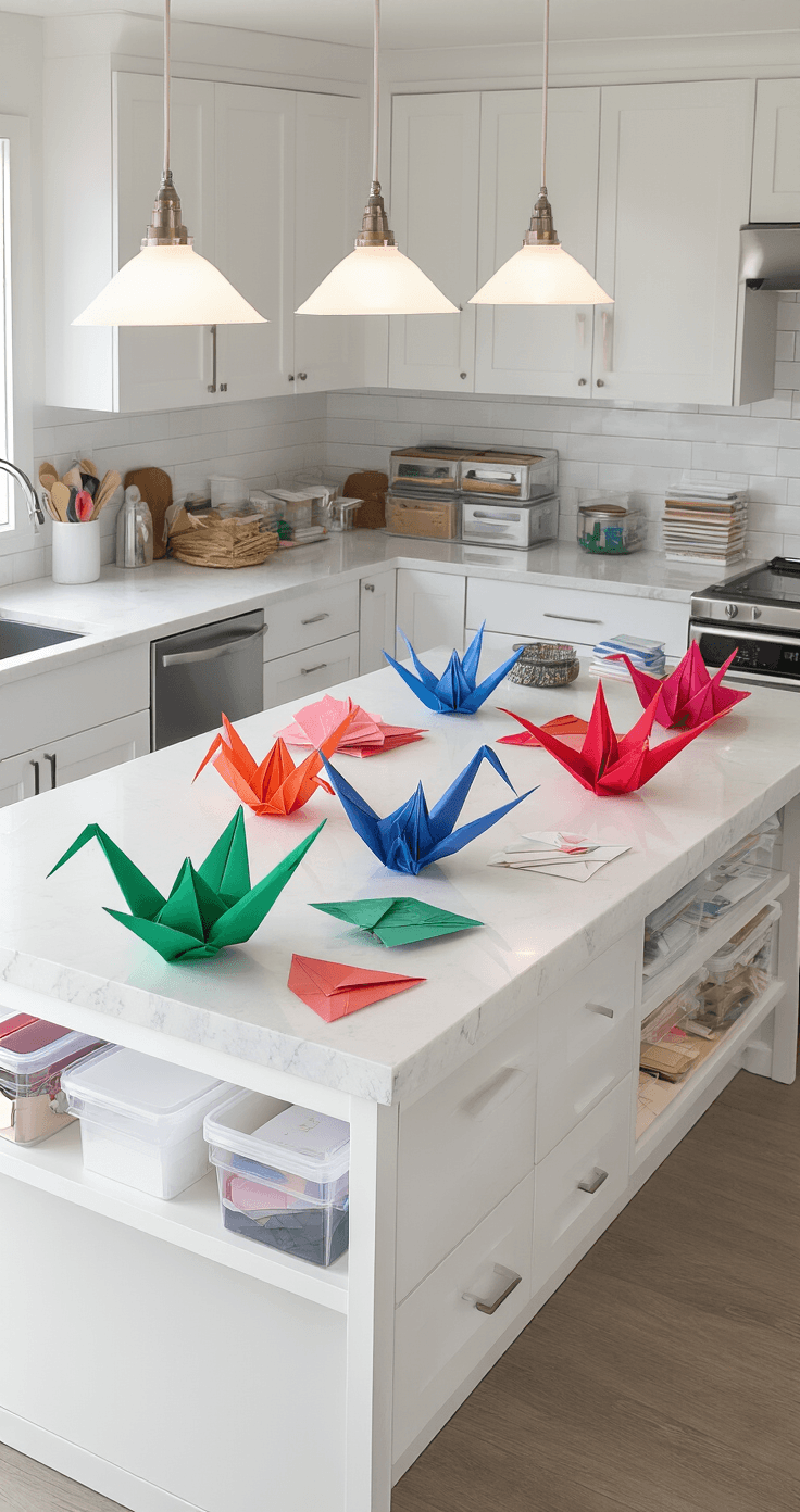 Waarom knutselen voor volwassenen zo verslavend is A bright modern Dutch kitchen island transformed into a papercraft studio, featuring a clean white quartz countertop adorned with colorful origami papers, intricate paper sculptures, and organized storage for crafting materials, all under focused pendant lighting.