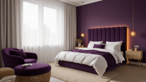 Aubergine in de Slaapkamer: Zo Creëer Je een Warme, Intieme Ruimte Fotorealistisch aubergine slaapkamer interieur met een diepe paarse accentmuur, king-size bed met fluwelen paarse kussens, natuurlijke rotan nachtkastjes, een ivoren bouclé fauteuil en een zachte gloed van warme LED-verlichting. Gouden zonlicht filtert door sheer witte gordijnen, accentuerend de rijke texturen van een Perzisch tapijt en messing tafellampen, met een grote jade groene fiddle leaf plant in de hoek.