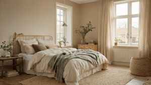 Jouw Slaapkamer Omtoveren tot een Gezellige Oase: Mijn Complete Gids Fotorealistische afbeelding van een gezellige Nederlandse slaapkamer met een onopgemaakt bed, crème linnen lakens, saliegroen velours kussens, een wollen plaid, warme verlichting, vintage tafellamp, kleine planten, en een leeshoek met een grijze fauteuil.