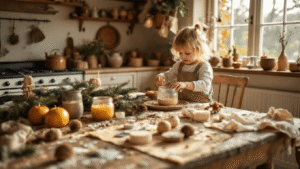 Kerstknutselen met Kinderen: Magische Herinneringen Maken in de Feestmaand Gezellige boerenkeuken met een peuter in een verfspetteroverall die een handafdruk rendier maakt, omgeven door kerstknutselmaterialen en decoraties.