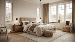 Hoe ik mijn slaapkamer transformeerde tot een droomkamer: 7 geheimen die alles veranderden Luxe Nederlandse slaapkamer met warme verlichting, kingsize bed in neutrale tinten, fluwelen kussens, eikenhouten nachtkastjes, diepe saliegroen accent muur, gezellige leeshoek met leren fauteuil en dimbare lampen, minimalistische en warme uitstraling met dromerige sfeer.