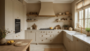 Zandkleurige Keuken: Jouw Gids Voor De Warmste Keukentrend Van 2026 Cinematische interieurfoto van een luxueuze zandkleurige keuken met mushroom beige kasten, gouden accenten en een warmere sfeer door natuurlijk licht.