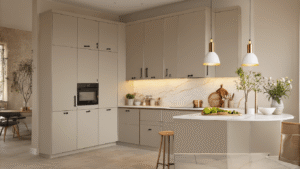 Beige Keuken: De Tijdloze Trend Die Je Huis Transformeert Moderne beige keuken met greige shakerstijl kasten en wit marmeren aanrechtblad, verlicht door warm natuurlijk licht tijdens het gouden uur, met stijlvolle accessoires en rijke texturen.