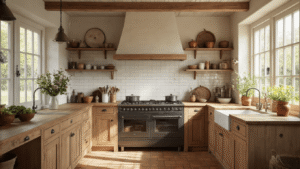 De Ultieme Gids voor Jouw Droomlandelijke Keuken: Van Boers tot Boulevardier Fotorealistische Nederlandse boerenkeuken met eiken kasten, houten werkbladen, warme verlichting, en een gezellige sfeer.