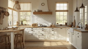 Tijdloze Keuken Ontwerpen: Mijn Gids Voor Een Keuken Die Nooit Uit De Mode Raakt Ruime Nederlandse keuken met witte shaker kastjes, honingkleurig eiken werkblad en natuurlijk licht, voorzien van een kookeiland, rieten barkrukken en Subway tegel achterwand, met warme tinten en gezellige sfeer.