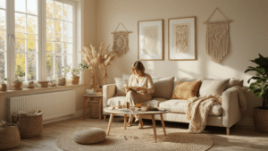 Waarom knutselen voor volwassenen zo verslavend is Gezellige Nederlandse woonkamer met een vrouw die borduurt op een beige linnen bank, omringd door borduurmaterialen en handwerken, verlicht door warme zonnestralen.