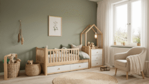 Peuterkamer voor jongens inrichten: Van chaos naar droomkamer in 7 stappen Ruime peuterkamer voor jongens met houten huisbed tegen saliegroene muur, natuurlijk licht, crème vloerkleed, witte commode, en knuffeldieren in een rieten mand.