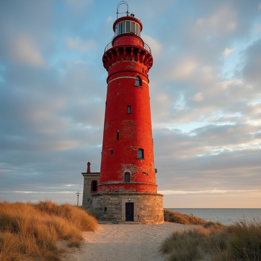 De Texelse Vuurtoren Die 72 Schepen Had Kunnen Redden (En Waarom Je Hem Móét Beklimmen) Professionele architectuurfotografie van de iconische rode bakstenen vuurtoren van Texel (Vuurtoren Eierland), majestueus staand op een 20 meter hoge natuurlijke duin tegen een dramatische Noordzeelucht. De 47 meter hoge cilindrische toren, gebouwd uit authentiek metselwerk van 1864, toont zijn kenmerkende felrode façade met zichtbare oorlogsschade kogelgaten als historische littekens. Het gouden uur benadrukt de imposante aanwezigheid van de vuurtoren, die uitkijkt over drie wateren - Waddenzee, Noordzee en het Vlielandse kanaal. Brede compositie legt de unieke positie van de vuurtoren op het noordelijkste punt van Texel vast, waarbij zijn rol als maritieme bewaker wordt getoond. Inclusief verouderde stenen fundering, originele architectonische details en het UNESCO Werelderfgoedlandschap van de Waddenzee dat zich tot de horizon uitstrekt.