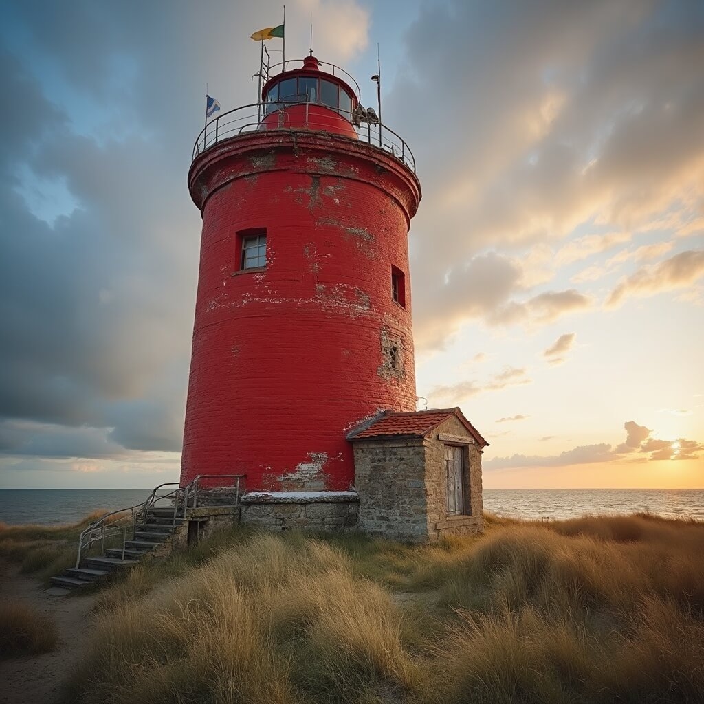 De Texelse Vuurtoren Die 72 Schepen Had Kunnen Redden (En Waarom Je Hem Móét Beklimmen) Professional architectural photograph of the iconic red brick Texel lighthouse, showcasing its 47-meter tall cylindrical structure with a bright red facade marked by historical bullet holes, standing on a natural dune at golden hour, overlooking the Wadden Sea, North Sea, and Vlieland strait, with a weathered stone foundation and UNESCO World Heritage landscape in the background.