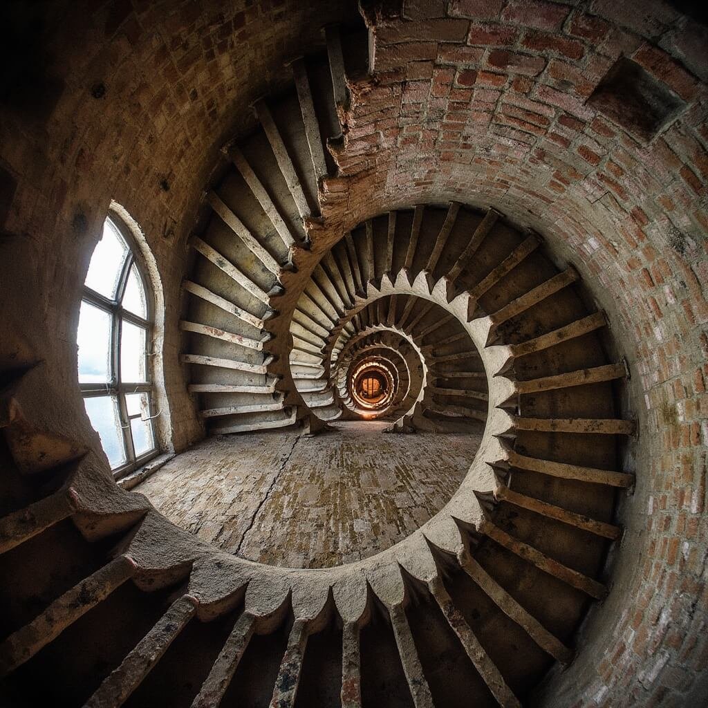 De Texelse Vuurtoren Die 72 Schepen Had Kunnen Redden (En Waarom Je Hem Móét Beklimmen) A dramatic upward view of the historic wenteltrap spiral staircase inside Texel's Eierland lighthouse, showcasing the original 1864 construction with worn stone steps, illuminated by natural light from period windows, revealing aged brick walls with bullet holes and maritime artifacts amidst Quirinus Harder's unique brick design details.