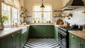 Ouderwetse Keuken Inrichten: Van Saai naar Sprookjesachtig in 7 Stappen Een traditionele Nederlandse keuken met monumentgroene onderkasten, crèmekleurige bovenkasten en granieten werkbladen, verlicht door warm gouden licht. De ruimte bevat een gietijzeren fornuis, koperen keukengerei, keramische voorraadpotten en terracotta potten met kruiden. Handgemaakte houten kastdeuren, messing scharnieren en vintage emaille lampen voegen een rustieke charme toe aan de knusse setting.