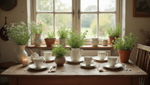 Transformeer Jouw Oude Servies in Prachtige Woonaccessoires Sfeervolle vintage servies upcycle workshop met theekopjes gevuld met vetplantjes, handgemaakte etagères, kaarsenstandaards en creatieve materialen, verlicht door zacht ochtendlicht.