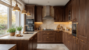 Waarom een Walnoot Keuken de Perfecte Keuze is voor Jouw Droomhuis Professionele keuken met walnoot houten kasten, crème marmeren werkblad, gouden grepen, warme verlichting, en geïntegreerde RVS apparatuur.