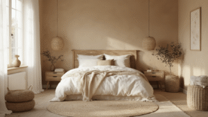 Zandkleur slaapkamer: Zo creëer je de perfecte rustgevende oase Fotorealistische slaapkamer in zandkleuren met notenhouten bed, warme ochtendlicht, linnen gordijnen, crème vloerkleed, en botanische accenten, uitstralend hygge sfeer.