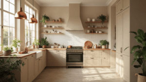 Zandkleurige keukens veroveren de Nederlandse woningen - en ik snap volledig waarom. Ruime Nederlandse keuken met zandkleurige matte kasten, eiken houten werkblad en grote ramen, verlicht door zacht ochtendlicht. Koperen hanglampen boven het kookeiland, verse kruiden op de vensterbank en een monstera plant in de hoek.