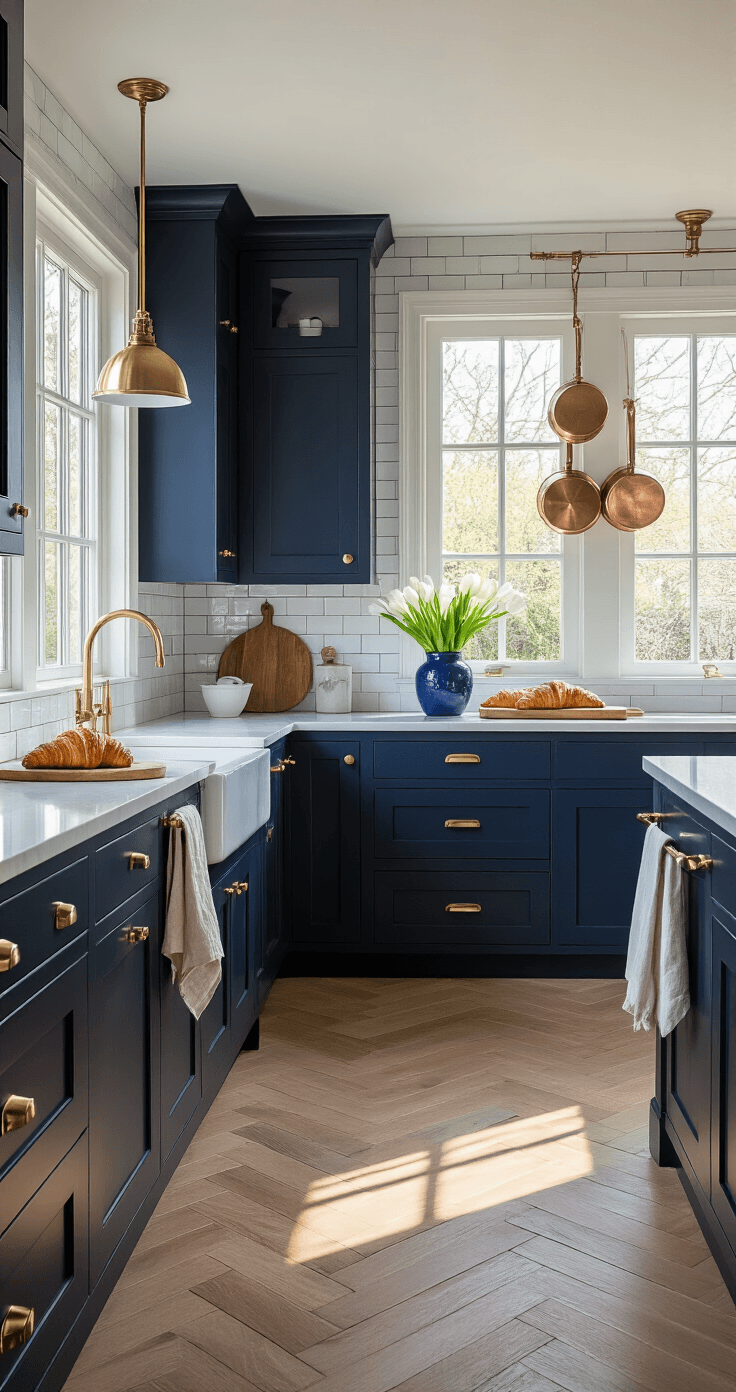 Zo Style Je De Perfecte Blauwe Keuken: Van Droom Tot Werkelijkheid Photorealistic Dutch kitchen interior with navy blue shaker cabinets, brass hardware, white quartz countertops, and natural oak herringbone flooring. Warm golden hour sunlight streams through large windows, illuminating fresh white tulips in a blue vase, copper pots, and a wooden cutting board with croissants. Shot from eye level in a three-quarter view.