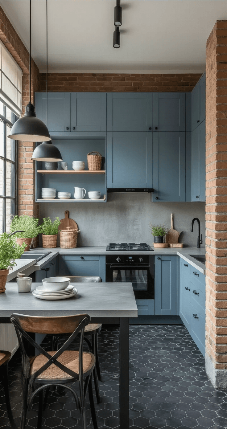 Zo Style Je De Perfecte Blauwe Keuken: Van Droom Tot Werkelijkheid Modern Dutch galley kitchen featuring dusty blue flat-panel cabinets, matte black appliances, concrete countertops, dark charcoal hexagonal floor tiles, and an exposed brick accent wall, styled with industrial elements and natural lighting.