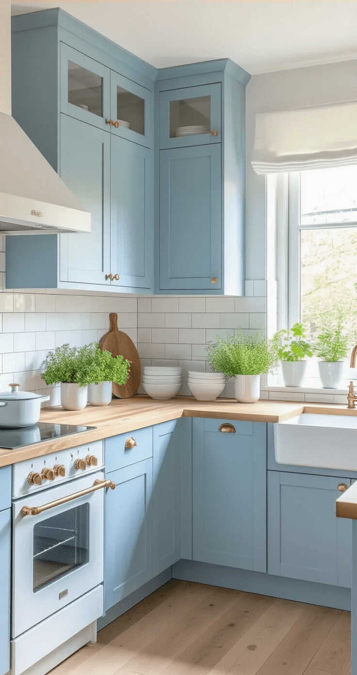 Zo Style Je De Perfecte Blauwe Keuken: Van Droom Tot Werkelijkheid Heldere Scandinavische keuken met lichtblauwe bovenkastjes en witte onderkasten, gefotografeerd in de ochtend met overvloedig natuurlijk licht. L-vormig ontwerp van 3,5x4 meter met lichte eiken houten werkbladen, witte subwaytegels in verticale stapel en pale eiken vloer. Styling met verse groenplanten in witte keramische potten, natuurlijke linnen raamdecoratie, witte porseleinen servies met blauwe randaccenten en messing vintage-kleurige hardware.