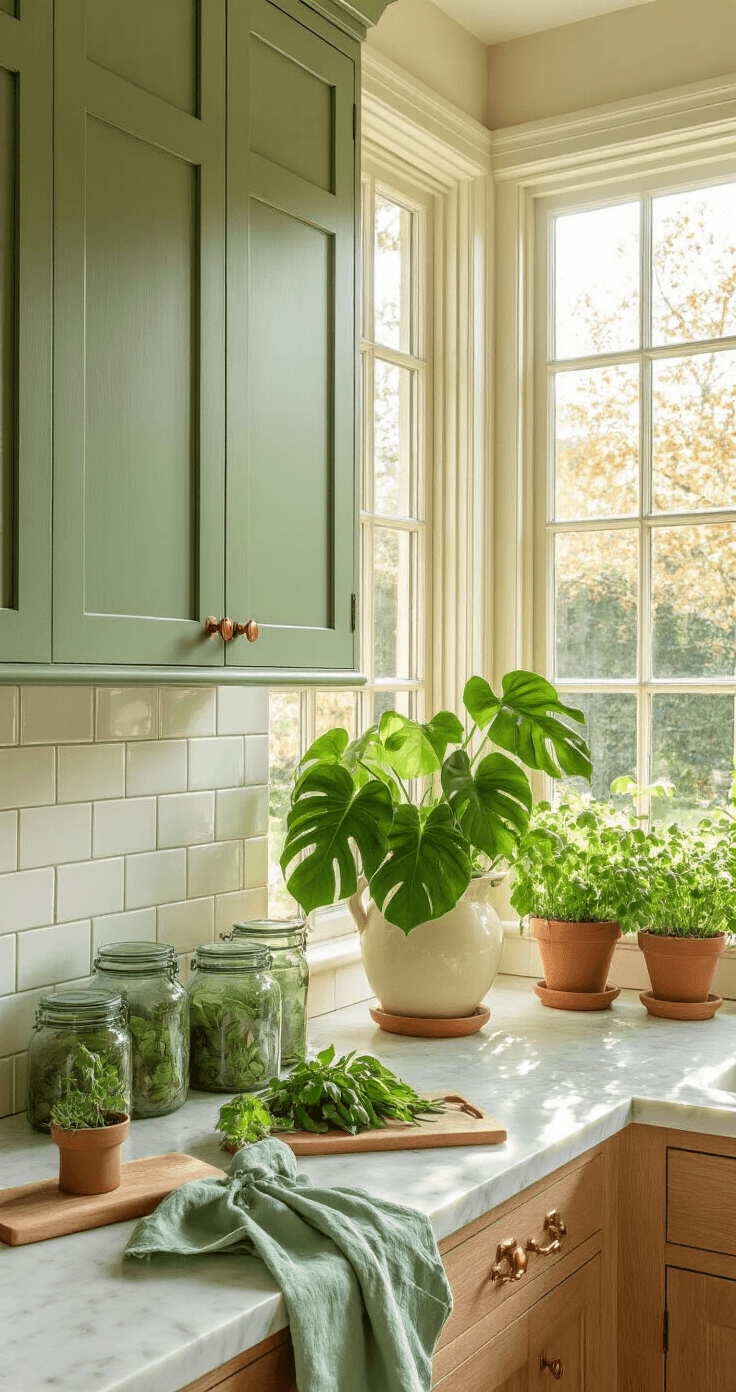 Groene Keuken Styling: Van Saai naar Sensationeel in 3 Uur A spacious Dutch farmhouse kitchen in golden morning light featuring sage green upper cabinets, warm white subway tiles, and natural oak lower cabinets, with a large monstera plant, terracotta pots of fresh herbs, vintage green glass jars, and mint green linen tea towels, all illuminated by a vintage brass pendant light.