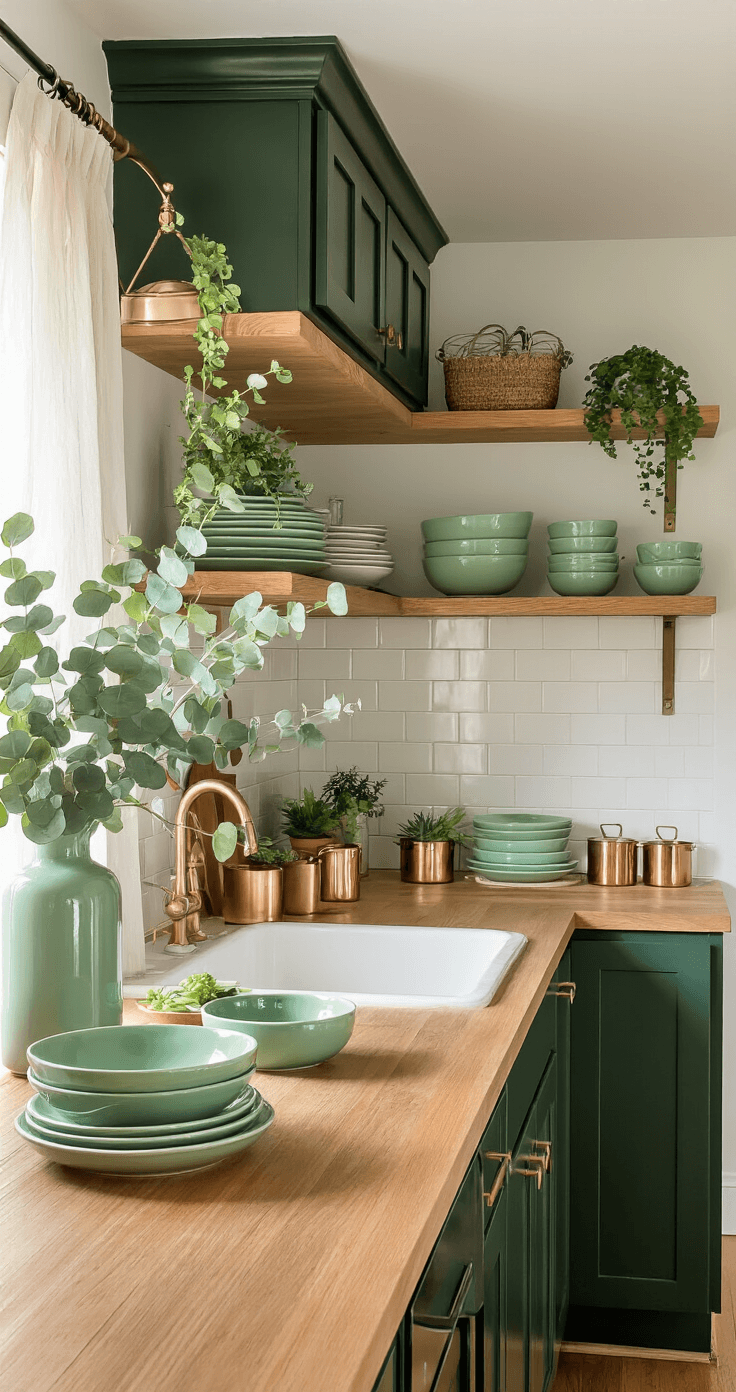 Groene Keuken Styling: Van Saai naar Sensationeel in 3 Uur Een gezellige galleykeuken met donkergroene onderkasten en witte muren, verlicht door warm amberlicht in de late namiddag. Open houten planken tonen kaki groene keramische kommen, terwijl verse eucalyptus in een hoge salie groene vaas in de hoek staat. Hangende luchtplanten sieren de ruimte boven de gootsteen, en een display van mintgroen servies, koperen maatbekers en vetplanten in bijpassende groene potten siert de lichtkleurige werkbladen. Natuurlijk linnen gordijnen in zachte olijftinten omlijsten het raam voor een kalme, spa-achtige sfeer.