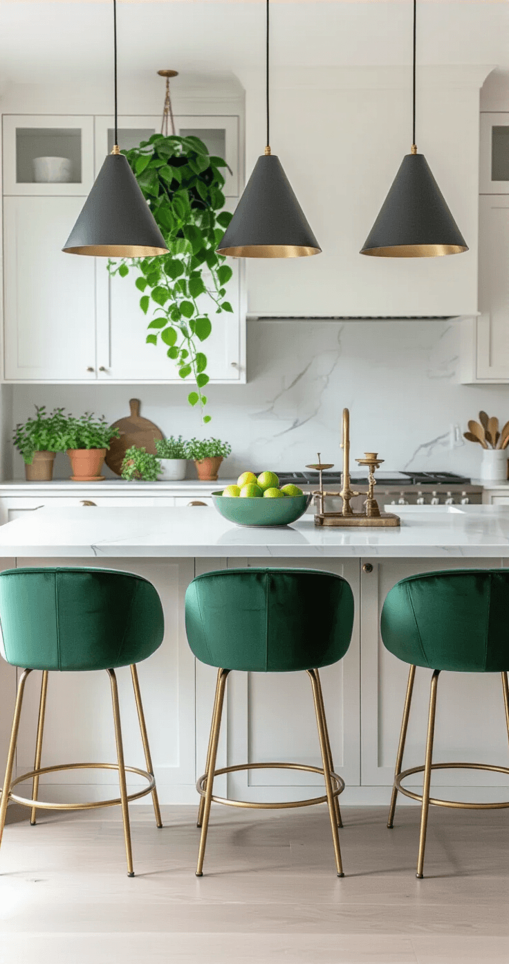 Groene Keuken Styling: Van Saai naar Sensationeel in 3 Uur A modern Dutch kitchen featuring a white quartz waterfall countertop island with dark green bar stools, geometric black pendant lights, a ceramic fruit bowl with fresh produce, vintage brass kitchen scales, and potted herbs, illuminated by bright midday light.