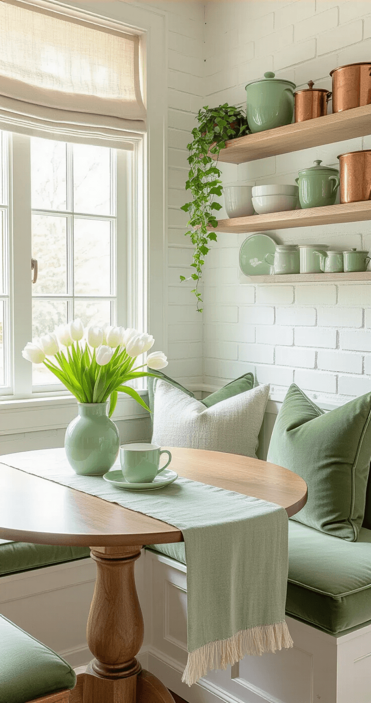 Groene Keuken Styling: Van Saai naar Sensationeel in 3 Uur Een intieme ontbijthoek met een ingebouwde bank met mintgroene fluwelen kussens, vastgelegd in het zachte ochtendlicht. Een lage opname vanaf tafelhoogte toont een ronde eiken eetkamertafel met een mintgroene keramische koffiezet, verse witte tulpen in een saliegroen geglazuurde vaas, en een natuurlijke linnen tafelrunner in olijfgroene tinten. Achter de zitplek hangen drijvende planken met een verzameling groene Depression glass, vintage koperen potten en kleine hangende klimopplanten. Grote draairamen omlijsten de scène met natuurlijk licht dat door semi-doorzichtige saliegroene gordijnen filtert, terwijl de witgepleisterde bakstenen muren textuur en contrast bieden. De sfeer is intiem en continentaal met gelaagde textielen, natuurlijke materialen, en de warme gloed van het ochtendlicht die gezellige schaduwen en hoogtepunten door de scène creëert.