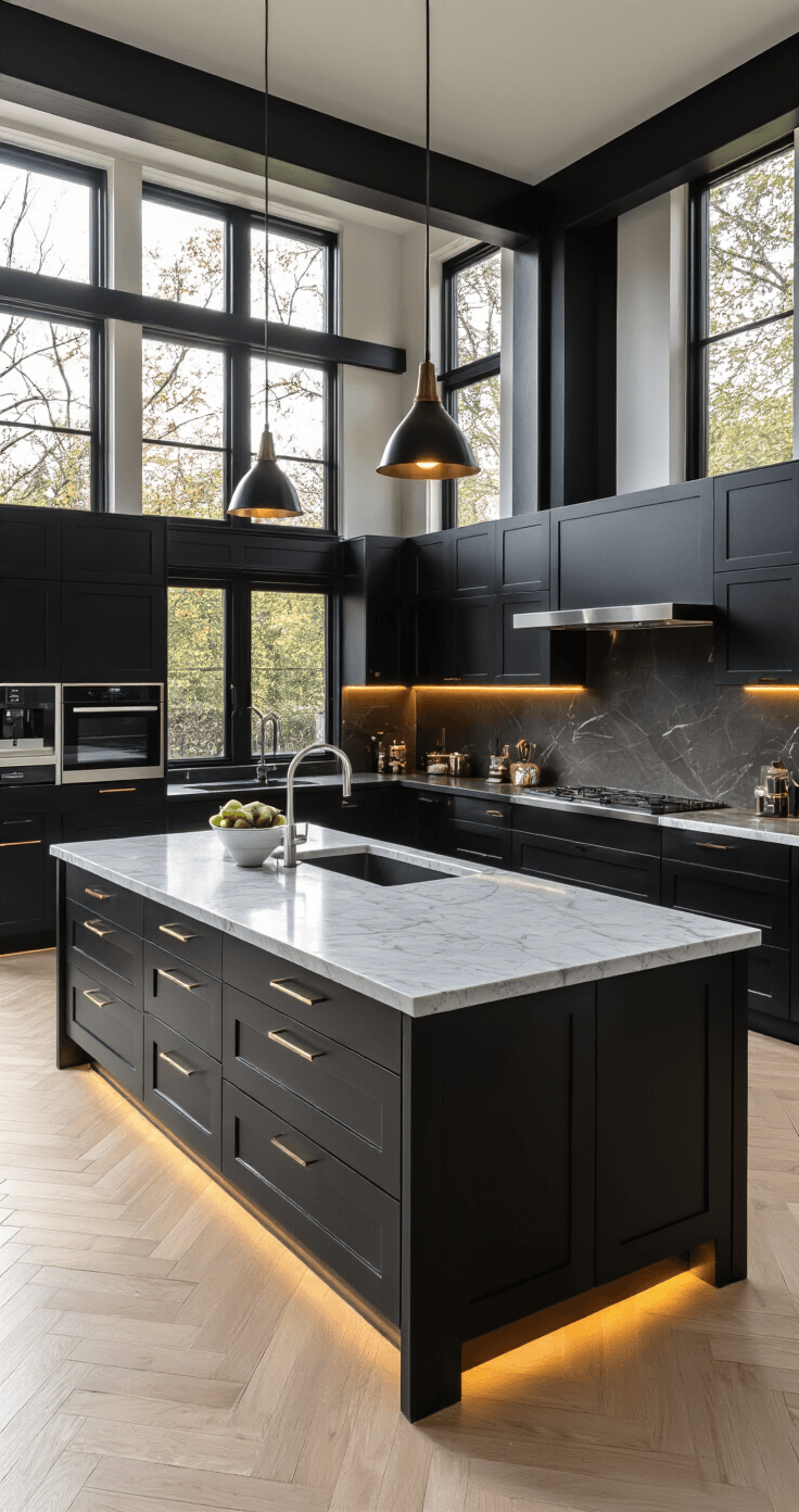 Waarom donkere keukens zo verslavend zijn Fotorealistisch interieur van een luxe donkere keuken met matte zwarte kasten en roestvrijstalen handgrepen, in een open ruimte van 4x5 meter en 3 meter hoge plafonds. Gouden avondlicht stroomt door vloerlange ramen, aangevuld met warme LED-strips onder de bovenkasten en moderne hanglampen boven een centraal eiland. Premium wit Carrara marmeren werkbladen met subtiele grijze aderen contrasteren met de donkere kasten, terwijl licht eikenhouten visgraadvloeren in een witwash-finish warmte toevoegen. Professionele roestvrijstalen apparaten integreren naadloos in de zwarte omgeving. Camera op ooghoogte vanuit de ingang van de eetkamer, met een driekwartaanzicht en ondiepe scherptediepte die de materiaaltinten en verfijnde contrasten benadrukt.