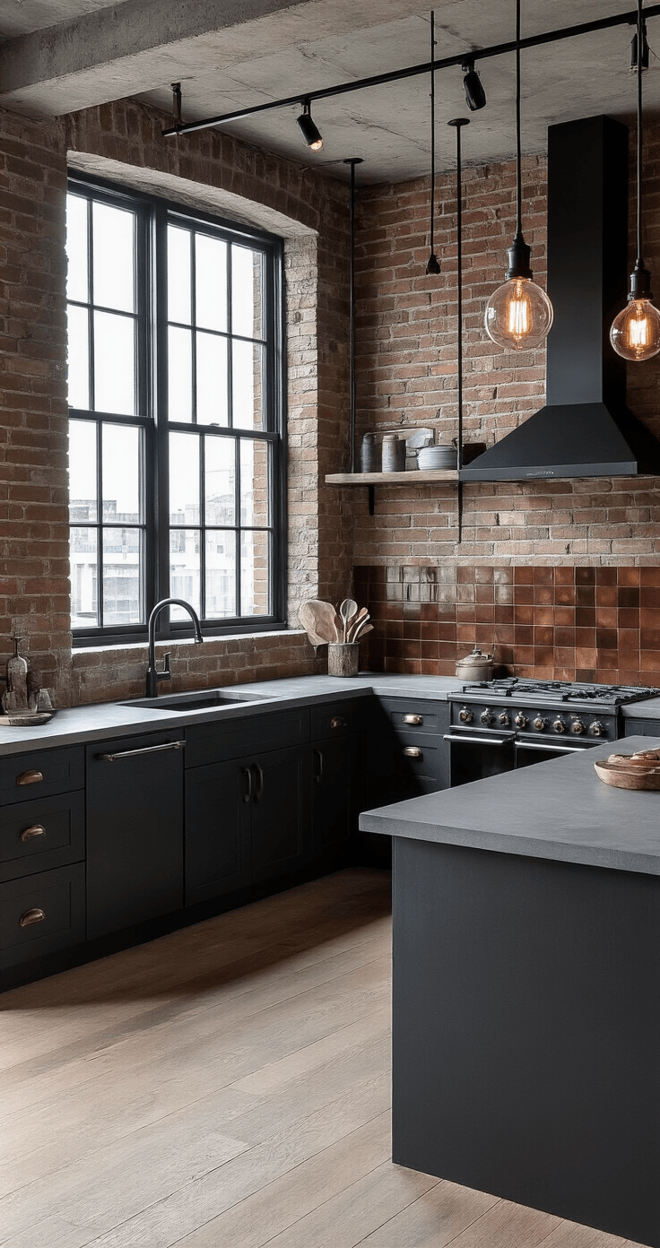 Waarom donkere keukens zo verslavend zijn Fotorealistisch beeld van een industrieel-moderne donkere keuken met antracietgrijze matte kasten en zwart metalen handgrepen, gelegen in een gerenoveerde loft met een accentmuur van blootgesteld baksteen en betonnen balken. Dramatisch ochtendlicht valt door stalen ramen, aangevuld met industriële hanglampen met Edison-lampen en strategisch geplaatste spotlights. Lichtgrijze betonlook werkbladen bieden subtiel contrast terwijl ze de industriële esthetiek behouden. Verweerde lichte houten vloeren in een natuurlijke eiken afwerking balanceren de harde oppervlakken. Koperaccenten op de achterwand en vintage-stijl kranen voegen warmte toe. Camhoorn vanuit een laag perspectief nabij het keukeneiland, benadrukt de wisselwerking tussen ruwe texturen en gladde oppervlakken, met een sfeervolle verlichtingssituatie en diepe schaduwen.