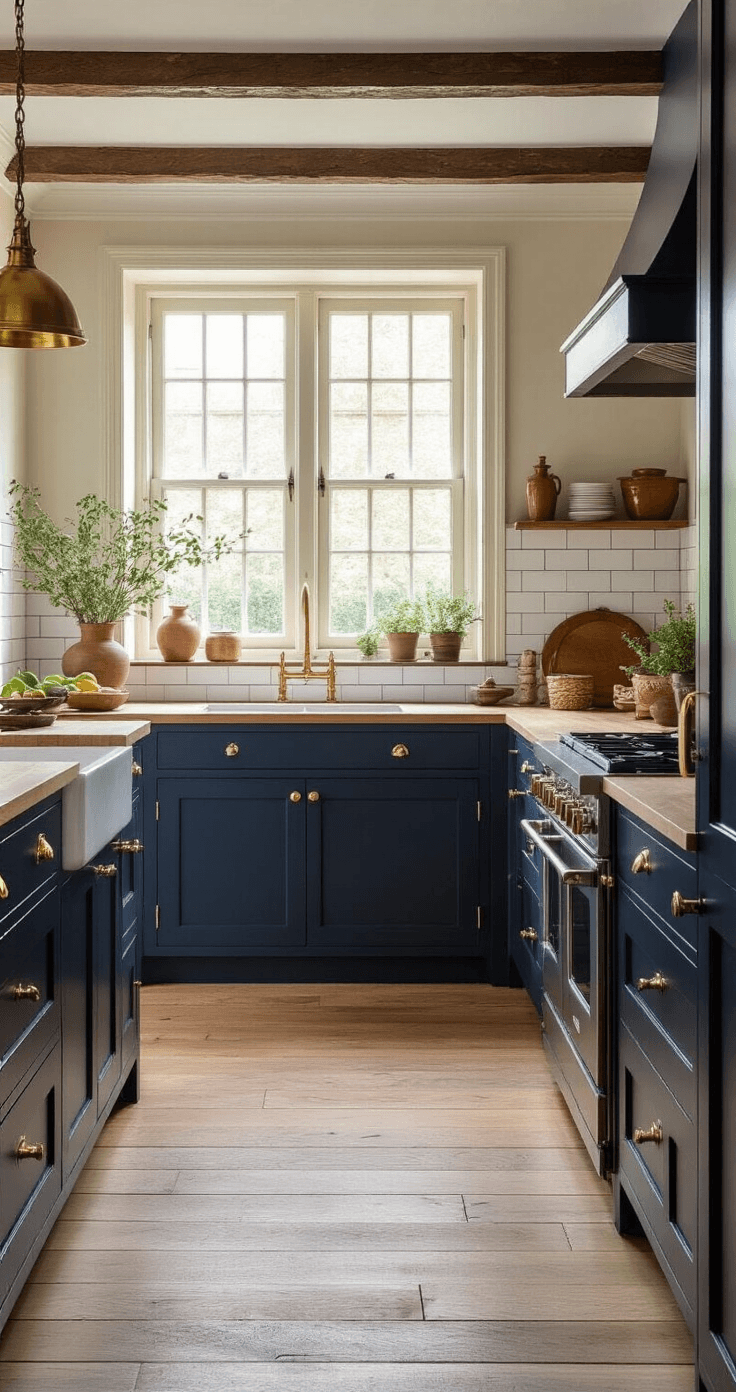 Waarom donkere keukens zo verslavend zijn Fotorealistisch interieur van een donkere marineblauwe keuken met shakerdeuren en geborsteld messing beslag, in een traditioneel 3,5x4 meter grote ruimte met periodieke lijsten en originele houten balken. Natuurlijk licht van noord-georiënteerde vensters, gecombineerd met warme LED-verlichting, verlicht het ruimte. Lichtmaple butcher-block aanrechten vormen een organisch contrast met de diepe blauwe kasten. Crèmekleurige subway tegels met donkere voegen bieden een tijdloze uitstraling. Houten vloerdelen in honingtinten verankeren de ruimte. Vintage koperaccessoires, keramiek en verse kruiden in terracotta potten voegen textuur en authenticiteit toe. Camera in lichte hoogteopstelling legt een hoekzicht vast, waarbij de harmonie tussen traditionele ambacht en moderne kleurkeuzes wordt benadrukt.
