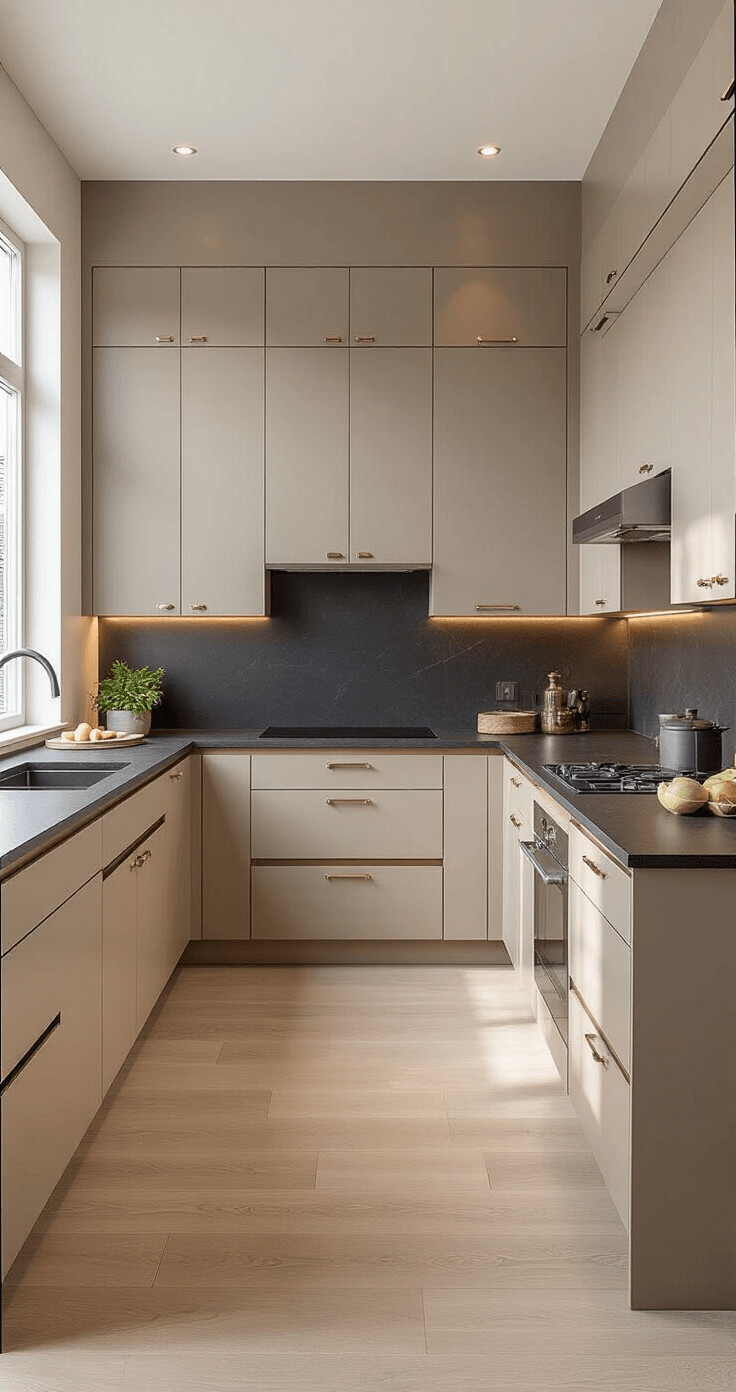 Taupe Keuken Moderne Stijl: Jouw Complete Gids voor een Tijdloze Designkeuken Fotorealistisch interieur van een moderne keuken met greeploze taupe matte kasten, gefotografeerd vanuit een driekwarthoek op het hoogte van het keuken-eiland. Natuurlijk ochtendlicht valt binnen door grote ramen, waardoor zachte schaduwen ontstaan op de naadloze handvlessen kasten. De galley-stijl ruimte toont een push-to-open kastensysteem met donkere paddenstoelen taupe onderkasten en lichtere duif taupe bovenkasten. Zwarte kwartspoelbladen creëren een opvallend contrast met de warme neutrale kasten. RVS inbouwapparaten glanzen subtiel, terwijl onder-kast LED-strips warme accentverlichting bieden. Camera op staande hoogte, die de schone horizontale lijnen en minimalistische esthetiek vastlegt met een geringe scherptediepte die de gladde matte oppervlaktes van de kasten benadrukt.