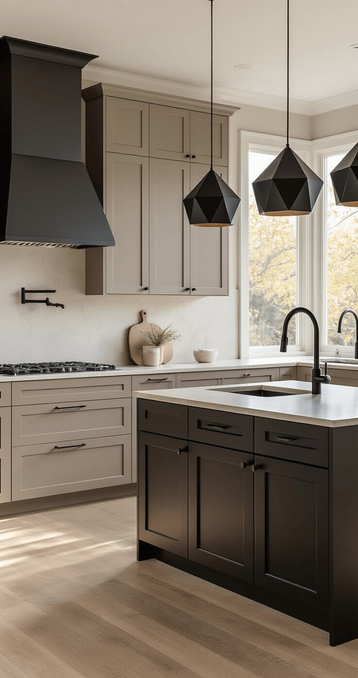 Taupe Keuken Moderne Stijl: Jouw Complete Gids voor een Tijdloze Designkeuken Fotorealistische moderne keukeninterieur met een combinatie van taupe en zwart, vastgelegd vanuit een hoekperspectief tijdens het gouden uur.