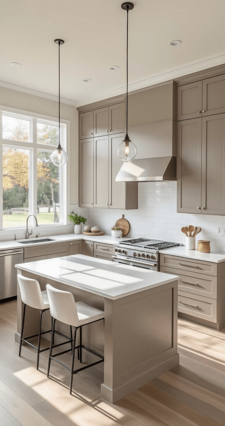 Taupe Keuken Moderne Stijl: Jouw Complete Gids voor een Tijdloze Designkeuken Fotorealistische moderne keuken met taupe kasten en witte accenten, gefotografeerd vanuit een verhoogd perspectief tijdens heldere ochtenduren.