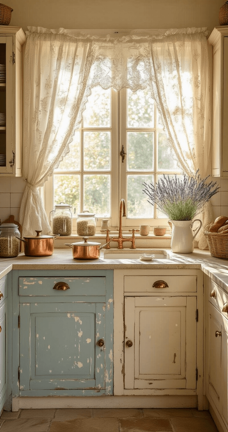 Een Brocante Keuken Inrichten: Van Rommelmarkt-Vondsten naar Romantische Droomkeuken Medium wide shot of a brocante keuken met een warme gouden ochtendzon; verouderde crèmekleurige kasten, poederblauwe onderkasten, kalkstenen aanrecht, koperen pannen en vintage glazen potten vol kruiden.