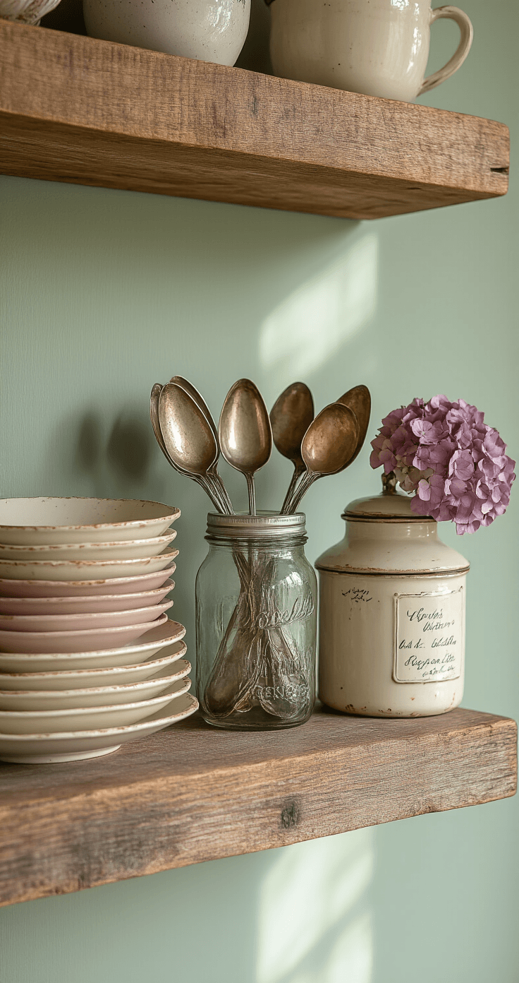 Een Brocante Keuken Inrichten: Van Rommelmarkt-Vondsten naar Romantische Droomkeuken Close-up detail van brocante keukengerei op een zwevend eiken plank tegen een zachte saliegroene muur, verlicht door gouden middaglicht. Imperfect gestapelde, verweerde porseleinen borden in crèmewit en stofroze, verouderde zilveren lepels in een mason jar, gedroogde hortensia's in gedempte paarstinten en vintage Franse emaille blikken met handgeschreven labels. Texturen variëren van glad keramiek tot ruwe houtstructuren. Het geheel heeft een organische, levensechte stijl met opzettelijke asymmetrie.
