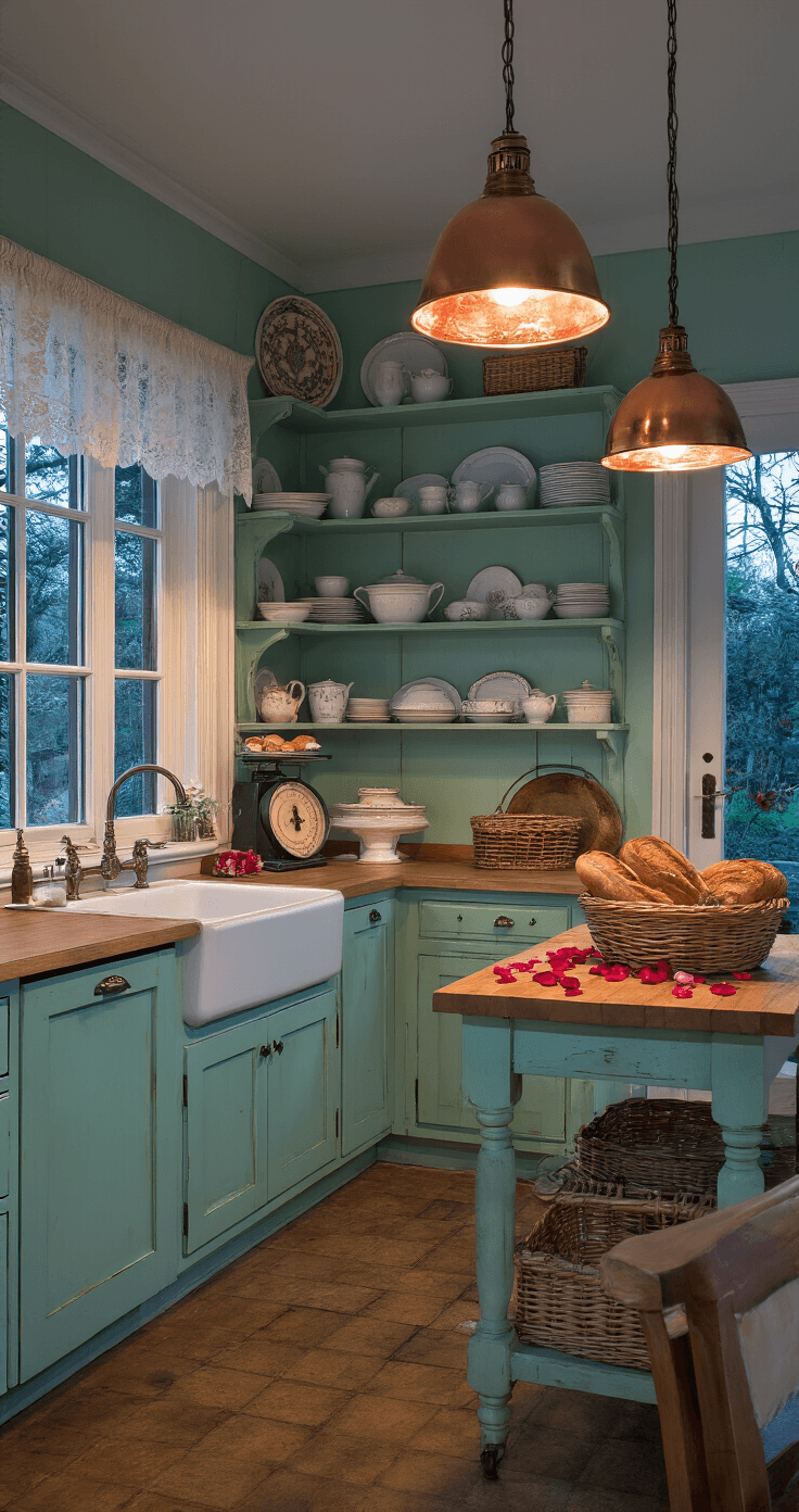 Een Brocante Keuken Inrichten: Van Rommelmarkt-Vondsten naar Romantische Droomkeuken Wide shot of a sfeervolle brocante keuken tijdens blauw uur, met warme hanglampen die amberkleurig licht verspreiden. Een L-vormige keuken van 14x12 voet met een boerderijspoelbak onder een raam met vintage kantgordijnen. Het verouderde muntgroene onderkast past bij open bovenplanken met mismatched servies in zachte pasteltinten. Een blokken eiland met een vintage weegschaal, een rotan mand met verse baguettes en verspreide rozenblaadjes. Franse deuren geven een blik op de tuin. Koperen hanglampen met een verouderde patina hangen op verschillende hoogtes. Beeld vanuit de eetkameringang, met een magische avondstemming en gelaagd licht dat warmte en diepte creëert in deze romantisch ingerichte ruimte.