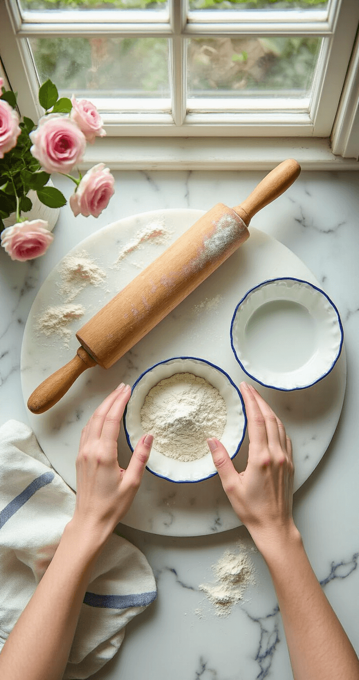 Een Brocante Keuken Inrichten: Van Rommelmarkt-Vondsten naar Romantische Droomkeuken Close-up van handen die vintage Franse emaille waren op een marmeren deegplank schikken, met zachte ochtendlicht bij een keukenraam. Inclusief versleten witte emaille kommen met blauwe randen, een versleten deegroller, verspreide bloemstof en delicate roze rozen uit de tuin. Marmeren oppervlak met natuurlijke aders en leeftijdsvlekken. Linnen theedoeken in roomkleur met subtiele blauwe strepen bieden textuurcontrast. Camera bovenaan geplaatst, met een ondiepe scherptediepte die de focus op de centrale schikking houdt. Intieme, hands-on kookomgeving die de schoonheid van goed gebruikte keukengerei benadrukt.