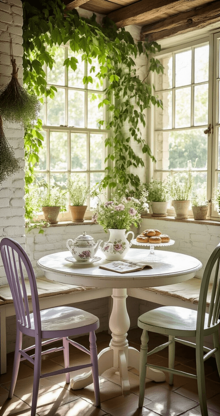 Een Brocante Keuken Inrichten: Van Rommelmarkt-Vondsten naar Romantische Droomkeuken Medium shot of a cozy breakfast nook with distressed white pedestal table and mismatched vintage chairs, bathed in warm afternoon sunlight filtering through ivy-covered windows.