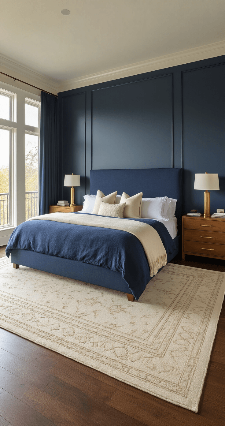 Hoe je een dromerige blauwe slaapkamer inricht die je nooit meer wilt verlaten Fotorealistisch interieur van een luxe master bedroom van 4x4 meter met hoge plafonds, genietend van warm opvallend licht. Centraal staat een kingsize bed met een marineblauw linnen hoofdbord, omringd door warme eiken nachtkastjes. De muren zijn zacht poederblauw met een navy accentmuur en de vloeren zijn van rijke donker eikenhout met een grote romige wollen vloerkleed. Een bordeauxrood fluwelen leesstoel staat in de hoek.