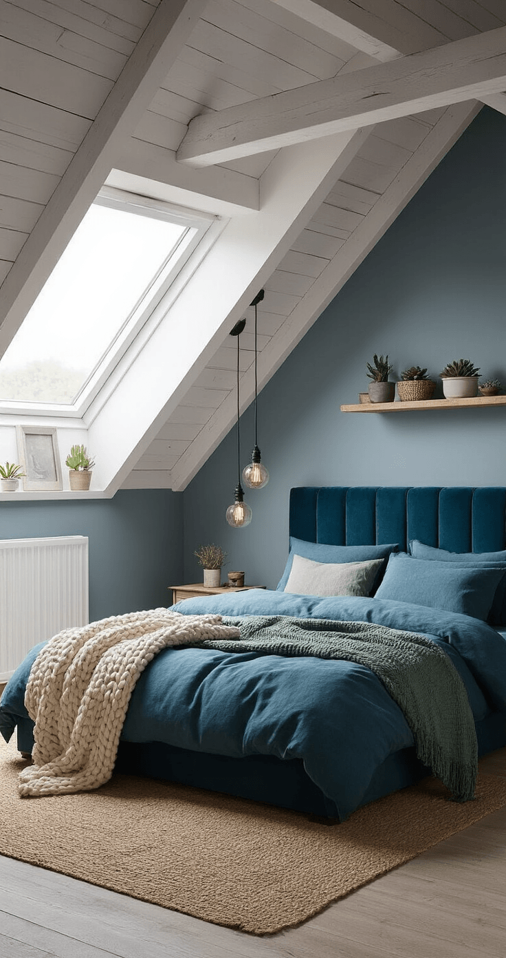Hoe je een dromerige blauwe slaapkamer inricht die je nooit meer wilt verlaten Fotorealistisch beeld van een intieme slaapkamer van 3x4 meter met een schuin dak, uitgerust met dakkapramen, vastgelegd tijdens het blauwe uur. Zacht avondlicht stroomt door sheer witte gordijnen, met een dubbel bed met een diep petrolblauwe fluwelen hoofdeinde, aangekleed met gelaagde denimblauwe linnen lakens en chunky gebreide wollen dekens in crème en saliegroen. Wanden in een verfijnd grijs-blauw met witgeschilderde houten balken. Licht essen houten vloeren met natuurlijke nerfstructuur, gedeeltelijk bedekt met een jute en wol mix tapijt in neutrale tinten. Industriële zwarte metalen hanglampen met Edison-lampen, een gerecycled houten zwevend plank met kleine potplanten en vintage boeken. Geweven rotan opbergmanden onder het bed. Camerastandpunt op staande hoogte bij de deur, creëert een knusse perspectief. Dimbare verlichting combineert koel natuurlijk licht met warme hangverlichting, waardoor een intieme, cocoonachtige sfeer ontstaat.