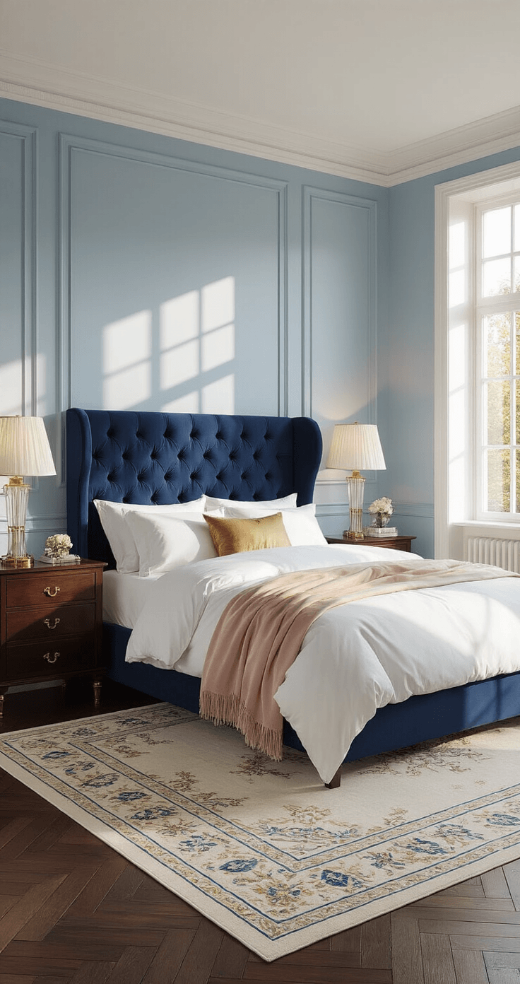 Hoe je een dromerige blauwe slaapkamer inricht die je nooit meer wilt verlaten Fotorealistisch luxe slaapkamerinterieur van 5x6 meter met grote westelijke ramen, gefotografeerd in de late namiddag met gouden licht dat lange schaduwen werpt. Koning bed met diep marineblauwe gestoffeerde hoofdeinde, frisse witte Egyptische katoen lakens, gouden zijde accentkussens en een zachtroze kasjmierdeken. Wanden in zachte luchtblauwe tint met glanzend witte afwerking. Donker walnoot visgraatparket met hoogglans afwerking, verankerd door een oversized crèmekleurig Perzisch tapijt. Bijpassende walnoot nachtkastjes met antieke messing handgrepen en kristallen tafellampen. Tufted rozen-gouden fluwelen bank aan de voet van het bed. Groot abstract kunstwerk in goud en marineblauw boven het hoofdeinde. Breedhoekopname vanuit de hoek van de kamer, die proporties en luxe details toont.