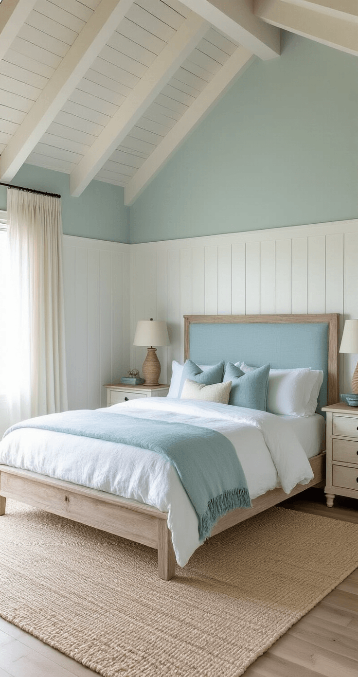 Hoe je een dromerige blauwe slaapkamer inricht die je nooit meer wilt verlaten Fotorealistische slaapkamer geïnspireerd op de kust, met een verheven plafond, blootgestelde witte houten balken, een queensize bed met een verweerd drijfhoutframe en poederblauwe linnen hoofdkussen, lichte zeefoamblauwe muren en een galeriewand met zwart-witte foto's van de kust.