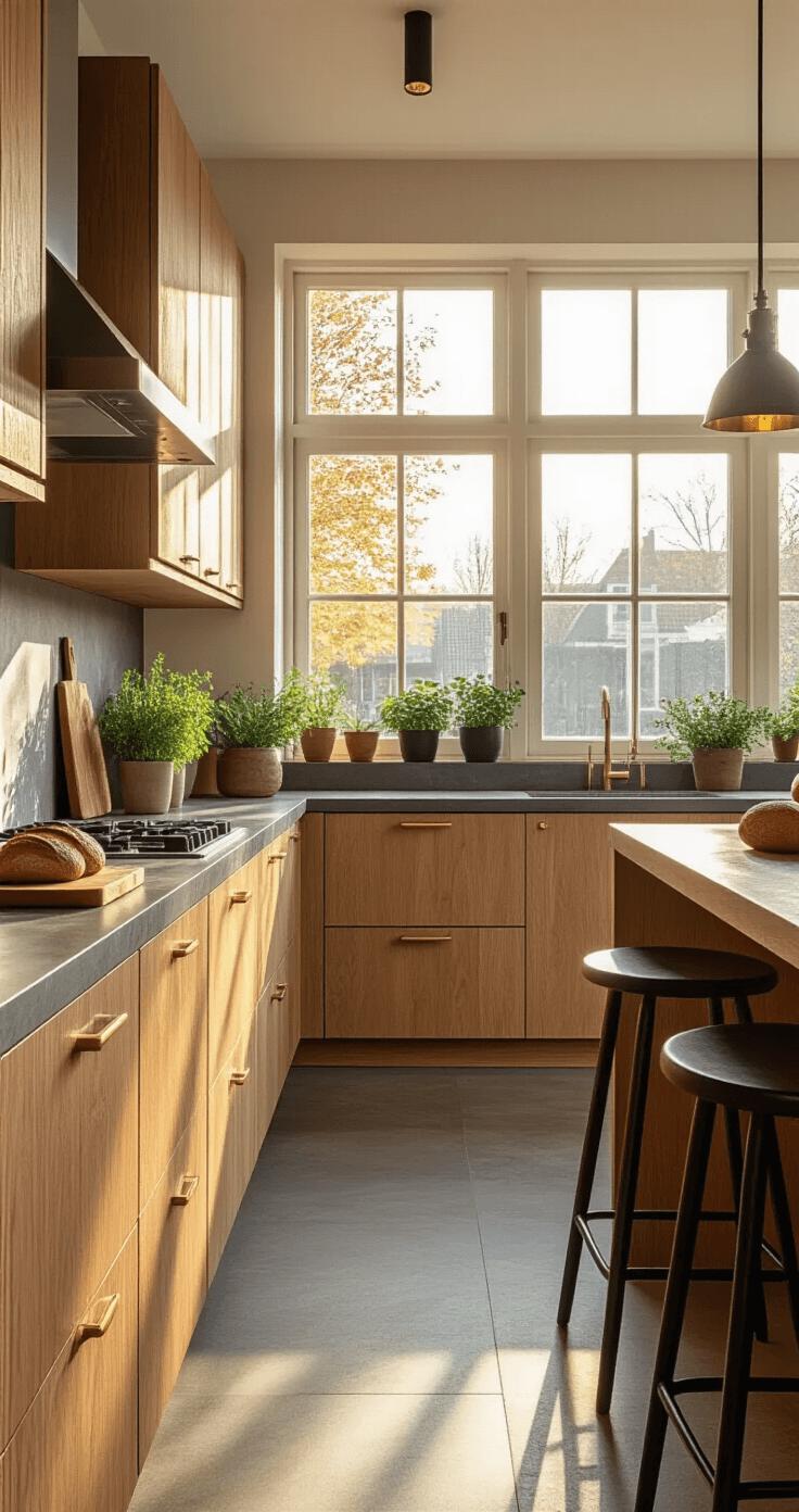 Houten Keuken met Betonlook: De Perfecte Combinatie van Warmte en Stoerheid Photorealistic interior of a modern Dutch kitchen featuring warm oak wood cabinets and charcoal grey concrete countertops, illuminated by soft golden hour light from west-facing windows, with herb pots, artisan bread, and industrial-style bar stools enhancing the inviting atmosphere.