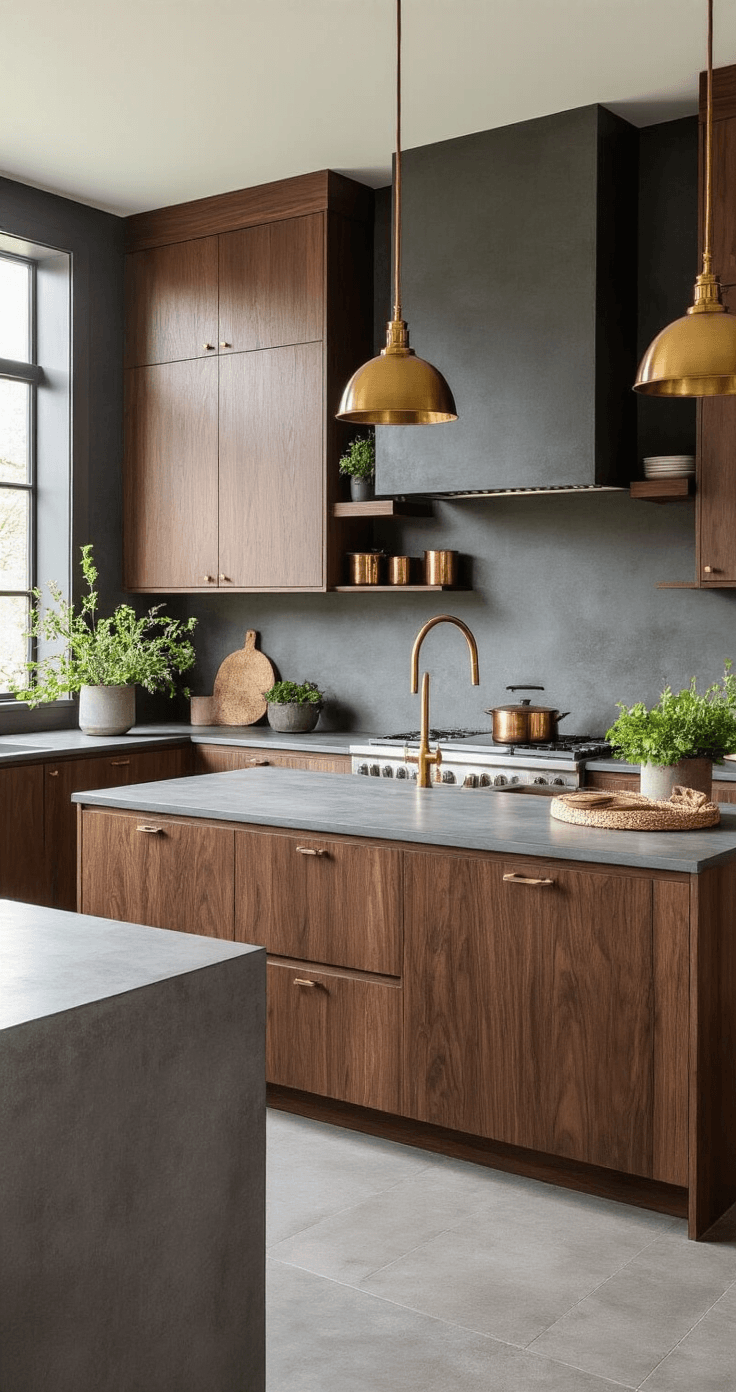 Houten Keuken met Betonlook: De Perfecte Combinatie van Warmte en Stoerheid Wide-angle view of a contemporary Dutch kitchen featuring dark walnut cabinetry, an anthracite concrete-look backsplash, full-height pantry units, and matte charcoal tiles. The scene is illuminated by warm brass pendant lights above a large island, with copper pots on open shelving and greenery in concrete planters, shot during late afternoon for bold, industrial elegance.