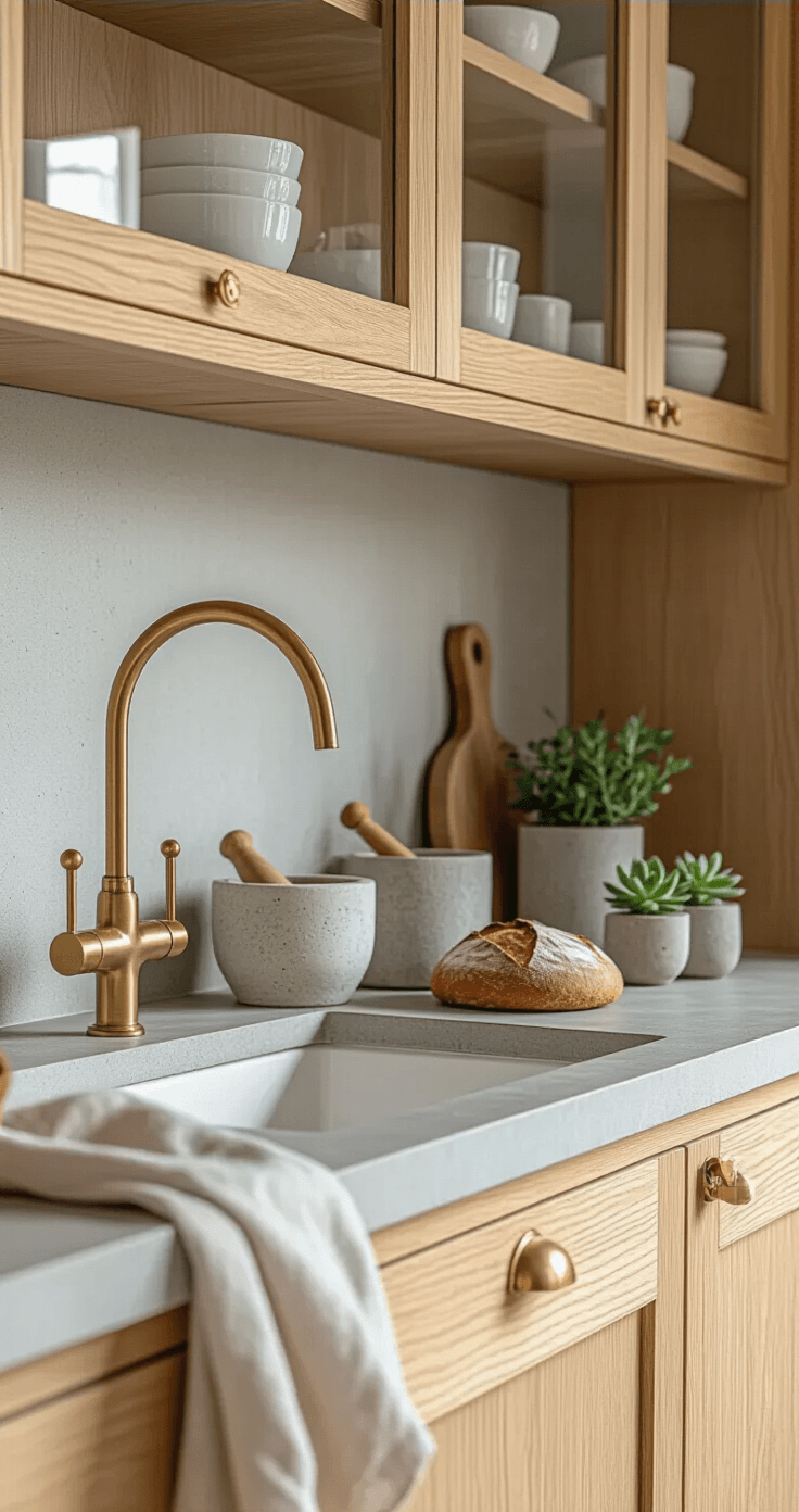 Houten Keuken met Betonlook: De Perfecte Combinatie van Warmte en Stoerheid Intimate close-up of a Dutch kitchen featuring light ash wood cabinets and pale grey concrete-look countertops, soft northern light illuminating brass-framed glass cabinets with white ceramics, vintage brass faucet, marble mortar and pestle, linen-wrapped sourdough, and small succulents in concrete vessels, all showcasing minimalist Nordic-inspired design.