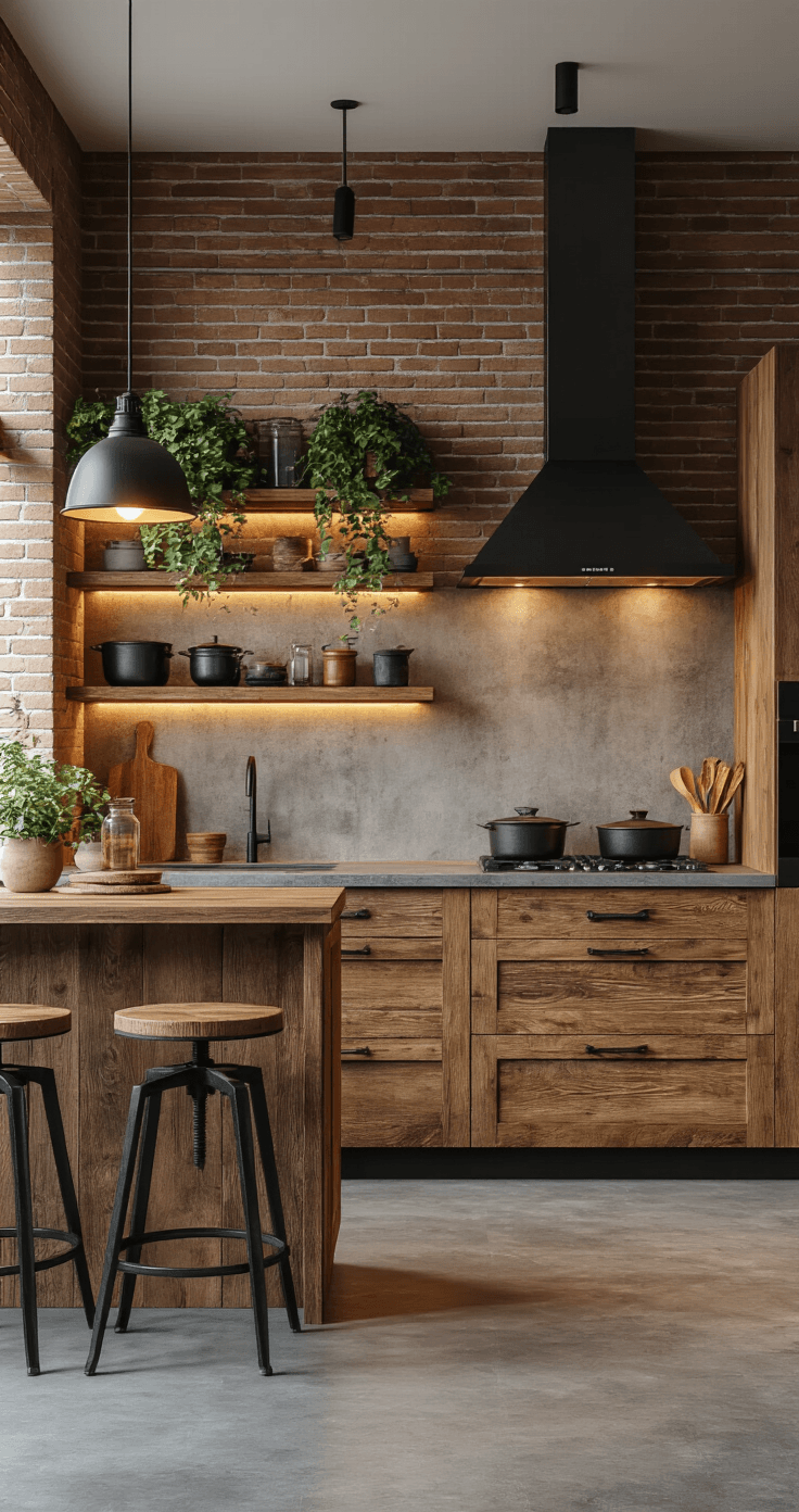 Houten Keuken met Betonlook: De Perfecte Combinatie van Warmte en Stoerheid Dramatic evening view of a modern Dutch kitchen with reclaimed teak cabinets, concrete-look flooring, warm pendant lighting, and an exposed brick accent wall, showcasing weathered teak lower units, porcelain tiles, black steel bar stools, and warm decor elements.